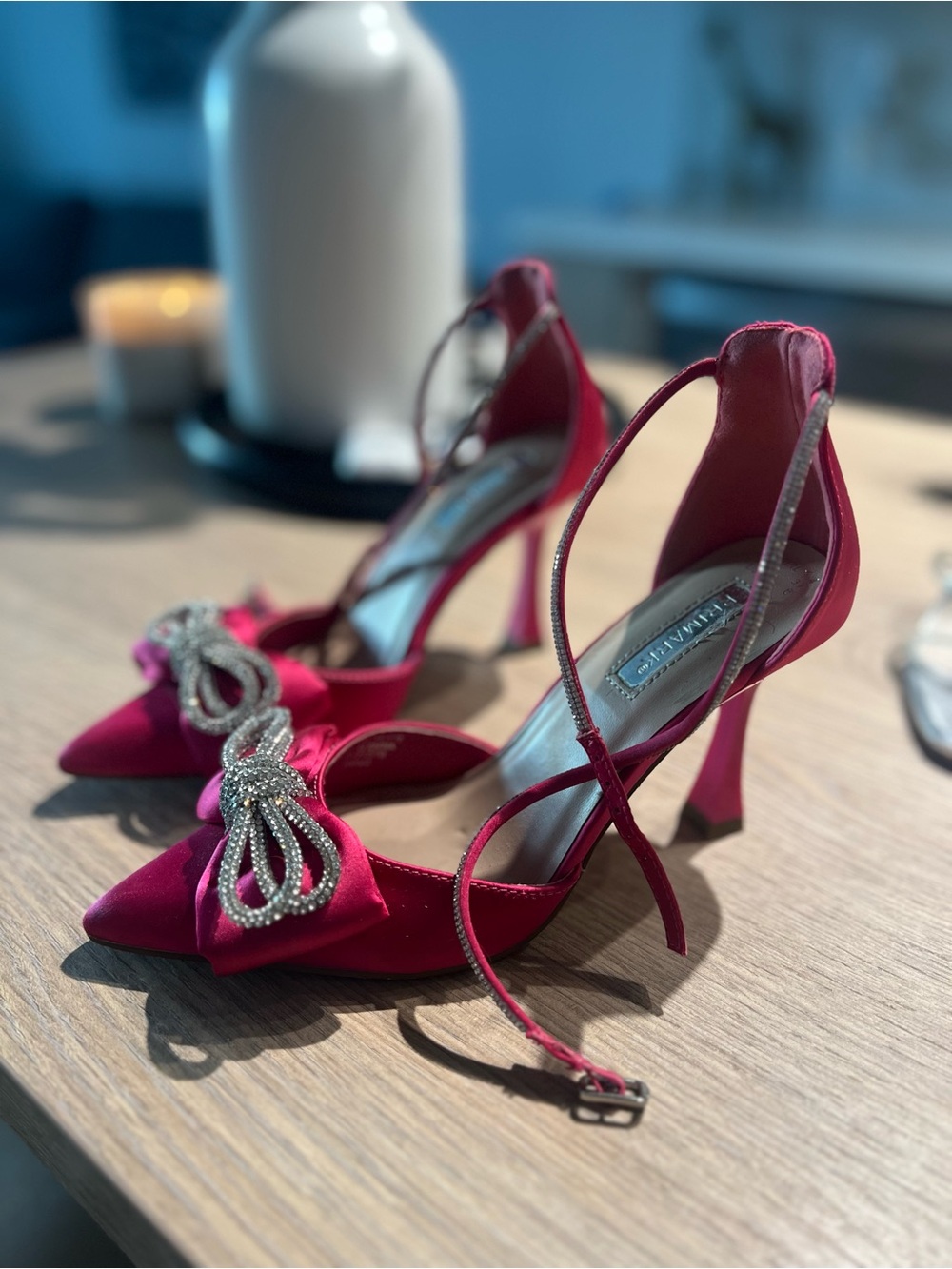 Pink Satin Pointed-Toe Heels with Crystal Bow